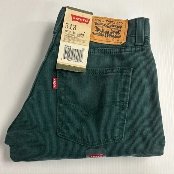 Levi's Boys 513 Slim Straight Fit Corduroy Pants - Green Size 12 Regular NWT - Picture 2 of 5